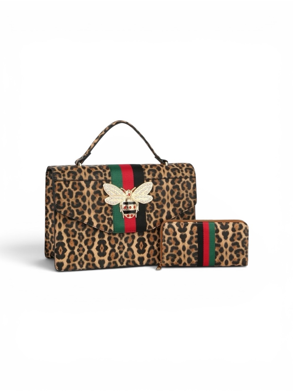 Leopard Print Top-Handle Bag and Wallet Set with Bee Accent - Brown